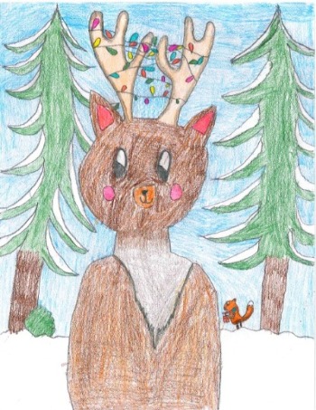 Children's drawing of a deer in the woods.